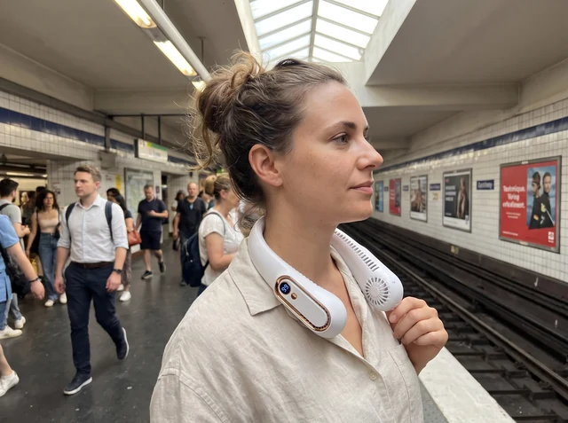 Cliente sur un quai de métro portant le ventilateur de cou blanc glacier